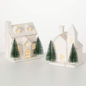 imageSullivans Lighted Porcelain House Christmas Village Sets Ceramic LED Lighted Christmas Town Scene Desktop Ornaments with LED Light Christmas Indoor Decor Collection Buildings