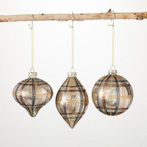 imageSullivans Neutral Plaid Glass Christmas Ornament Set of 3 Plaid Ornaments Sets for Christmas Tree Hanging Ornament Indoor Decor 4quot H 45quot H ampamp 55quot H