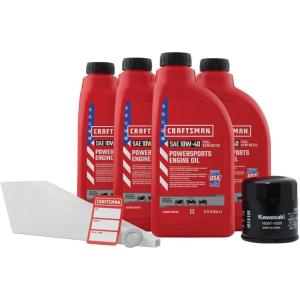 imageCRAFTSMAN Oil Change Kit Compatible with Kawasaki Ninja Vulcan Bayou EN450 10W40 Full Synthetic  In The Kit 4 Quarts of Oil 1 Filter 1 Crush Washer 1 Oil Change Sticker CMXOKLT207157