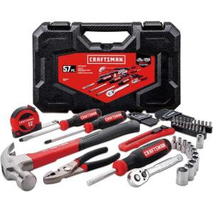 imageCRAFTSMAN Home Tool Kit  Mechanics Tool Set 57Piece Hammer Screwdrivers Drill Bits Sockets Ratchet Hex Keys Tape Measure Pliers and More CMMT99446