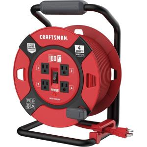 imageCRAFTSMAN 100 Ft Retractable Extension Cord Reel With 4 Outlets ampamp Heavy Duty 14AWG SJTW Cable100 ft