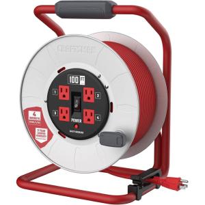 imageCRAFTSMAN Contractor Edition Retractable Extension Cord Reel 75 Ft with 4 Outlets ampamp Heavy Duty 12AWG SJTW Cable100 ft
