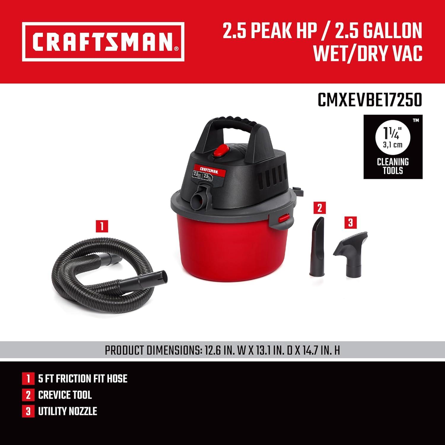 imageCRAFTSMAN CMXEVBE17250 25 Gallon 25 Peak HP Wet Dry Vac Portable Shop Vacuum Wet and Dry with Filter Bag Hose and Attachments for Cleaning in The Home25 Gallon 25 Peak HP