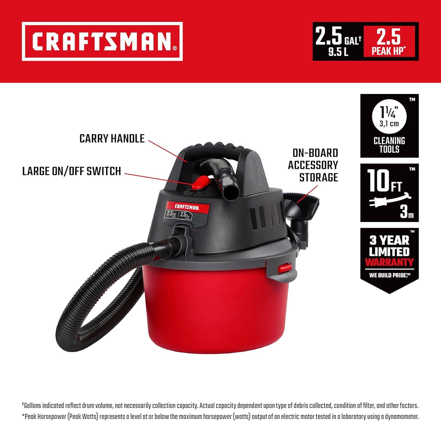 imageCRAFTSMAN CMXEVBE17250 25 Gallon 25 Peak HP Wet Dry Vac Portable Shop Vacuum Wet and Dry with Filter Bag Hose and Attachments for Cleaning in The Home25 Gallon 25 Peak HP