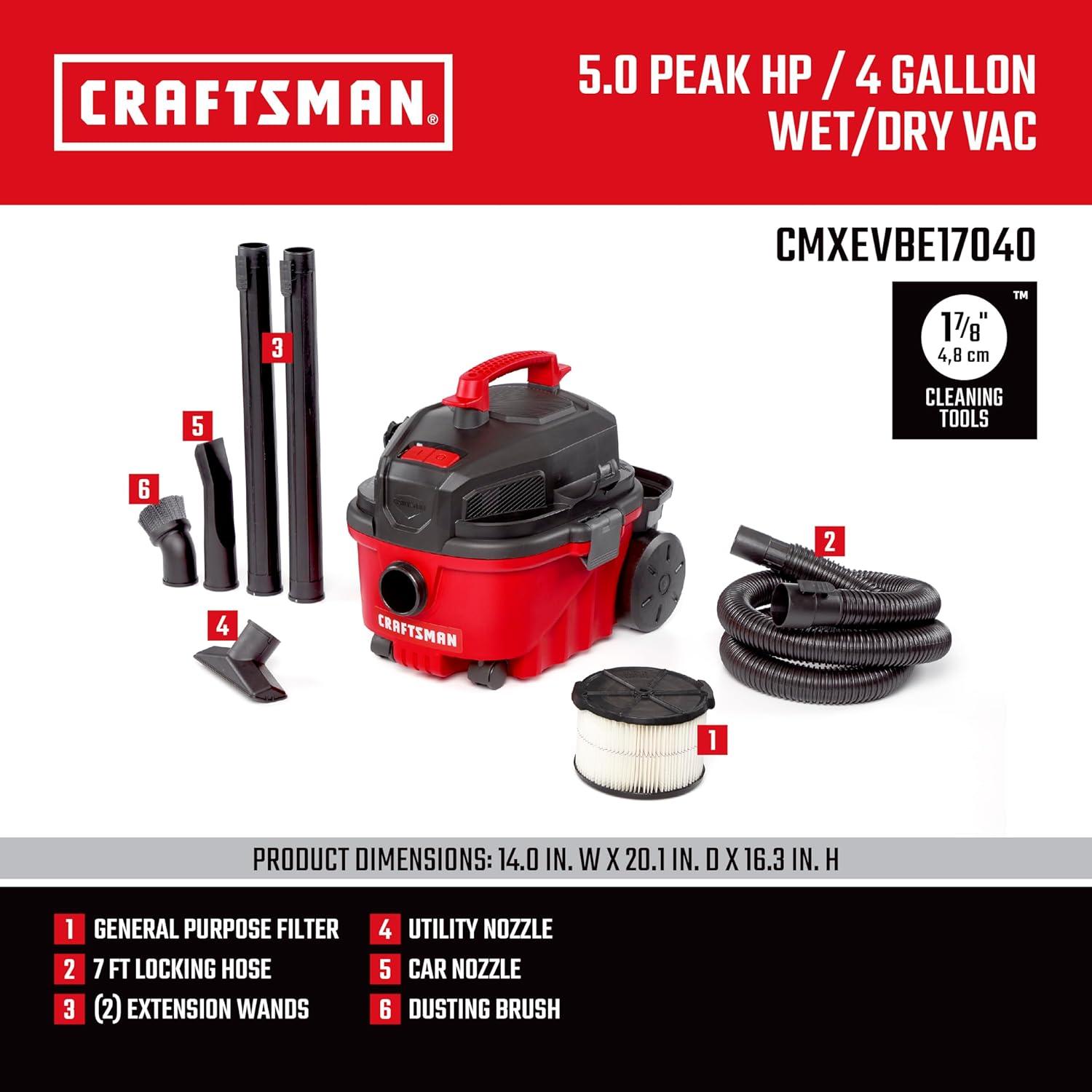 imageCRAFTSMAN CMXEVBE17040 4 Gallon 50 Peak HP Wet Dry Vac Portable Shop Vacuum Wet and Dry with Filter Hose and Attachments for Home and Automotive Cleaning4 Gallon 50 Peak HP