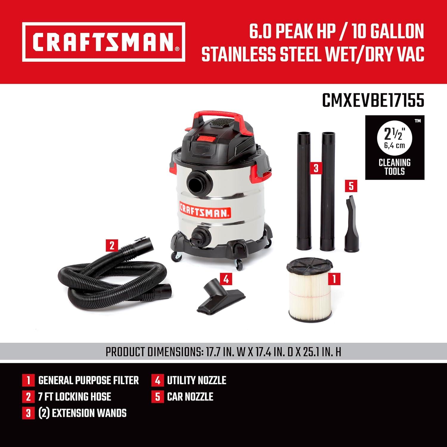 imageCRAFTSMAN CMXEVBE17155 10 Gallon 60 Peak HP Stainless Steel Wet Dry Vac Portable Shop Vacuum Wet and Dry with Filter Hose and Attachments for Home and Garage Use10 Gallon 60 Peak HP