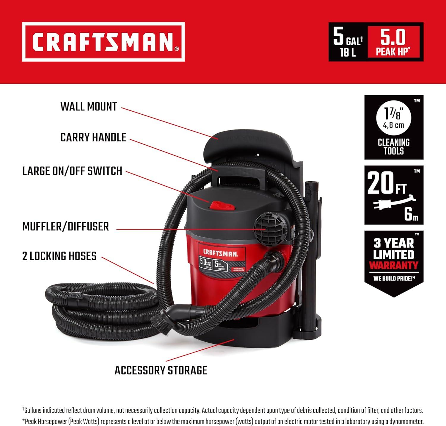 imageCRAFTSMAN CMXEVBE17925 5 Gallon 50 Peak HP Wet Dry Vac Portable and WallMountable Shop Vacuum with Filter 2 Hoses and Attachments for Garage and Automotive Cleaning5 Gallon 50 Peak HP