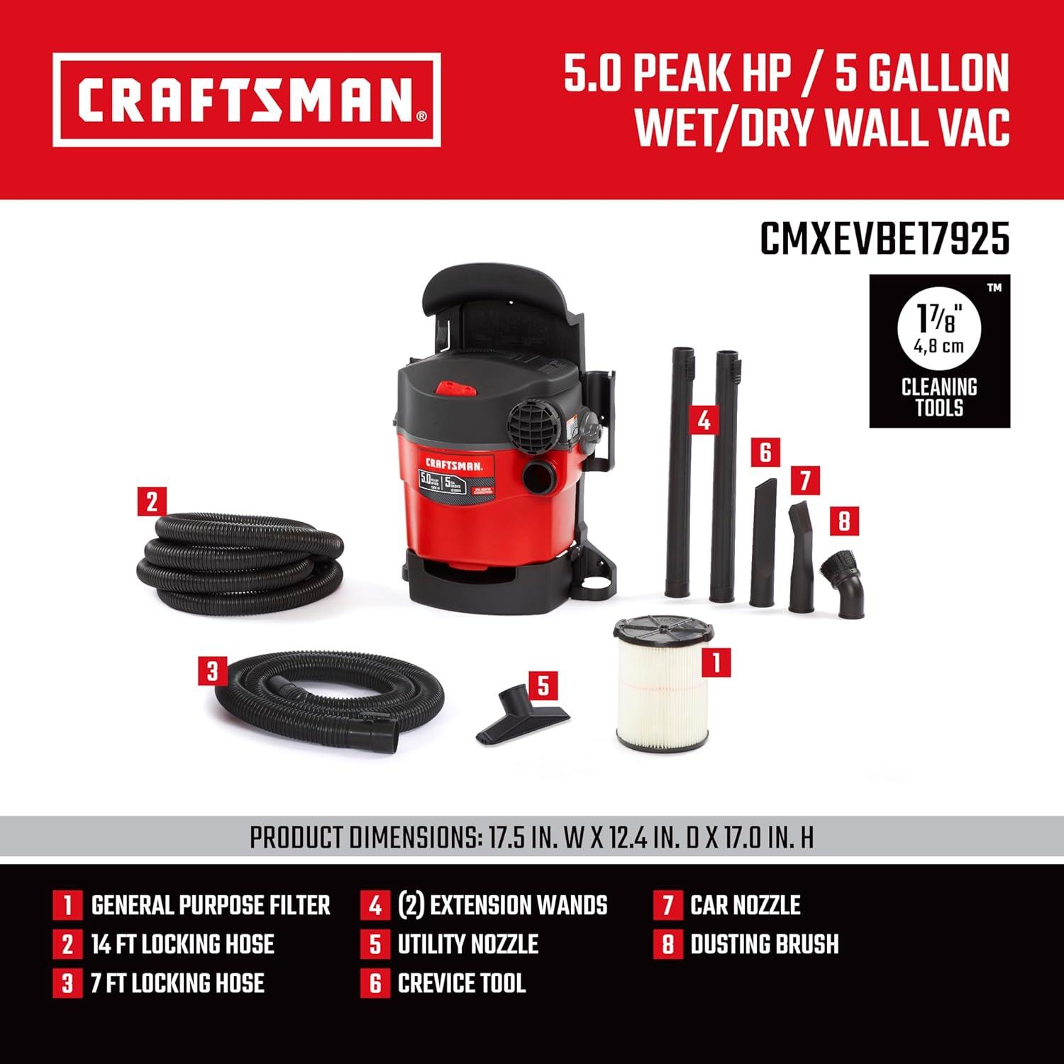 imageCRAFTSMAN CMXEVBE17925 5 Gallon 50 Peak HP Wet Dry Vac Portable and WallMountable Shop Vacuum with Filter 2 Hoses and Attachments for Garage and Automotive Cleaning5 Gallon 50 Peak HP
