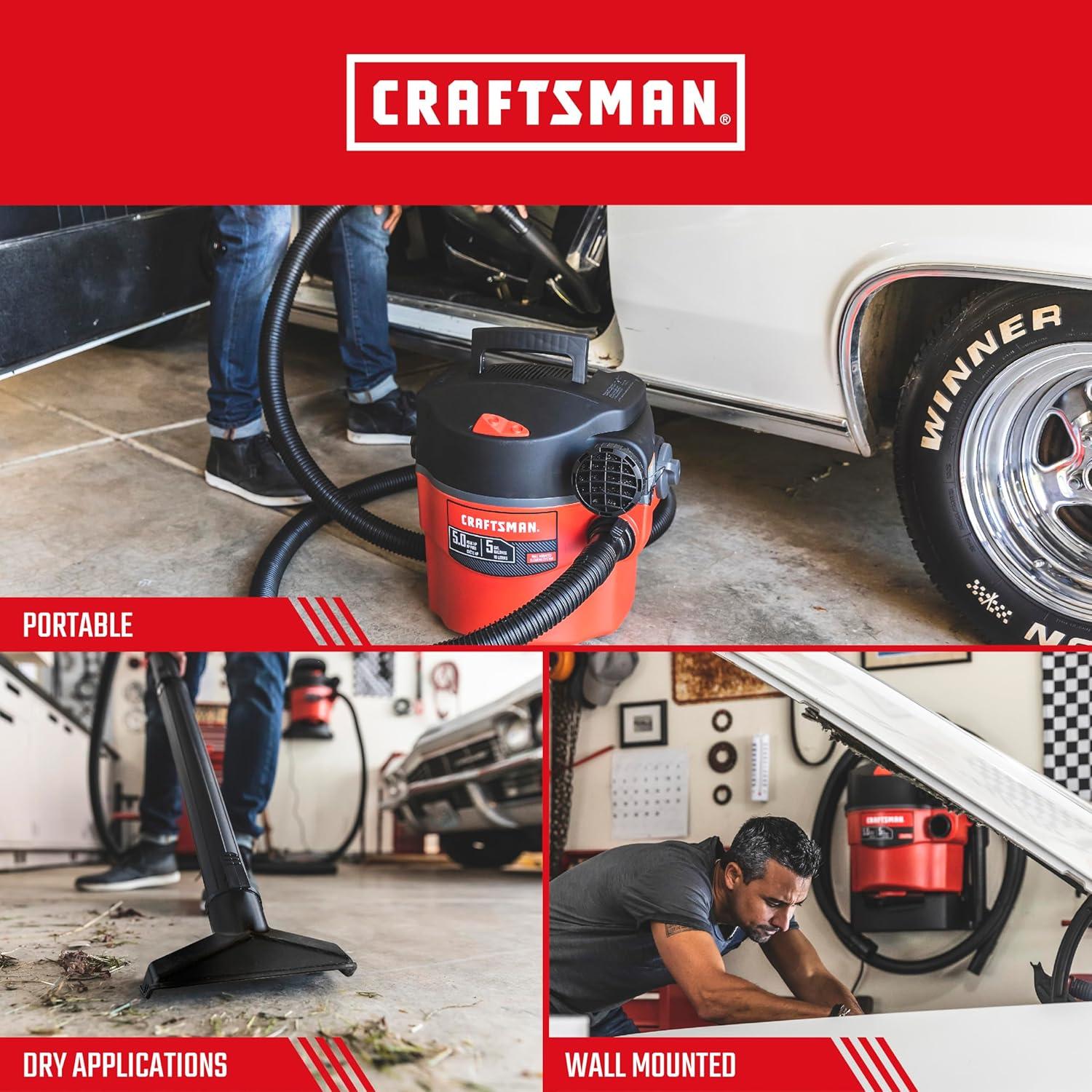imageCRAFTSMAN CMXEVBE17925 5 Gallon 50 Peak HP Wet Dry Vac Portable and WallMountable Shop Vacuum with Filter 2 Hoses and Attachments for Garage and Automotive Cleaning5 Gallon 50 Peak HP