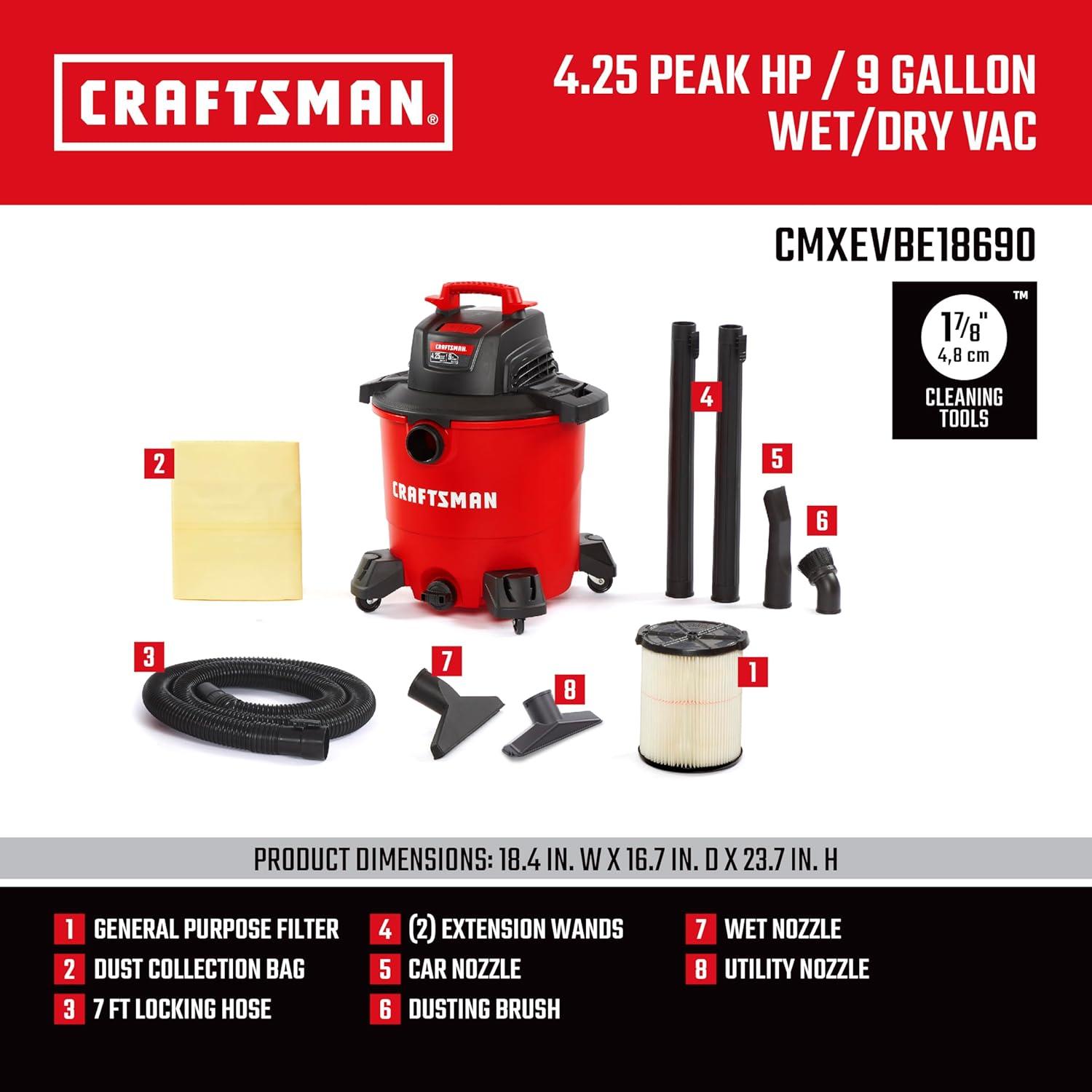 imageCRAFTSMAN CMXEVBE18690 9 Gallon 425 Peak HP Wet Dry Vac Portable Shop Vacuum Wet and Dry with Filter Dust Bag Dusting Brush Hose and Attachments for Home Garage and Automotive Cleaning9 Gal 425 Peak HP w Dusting Brush