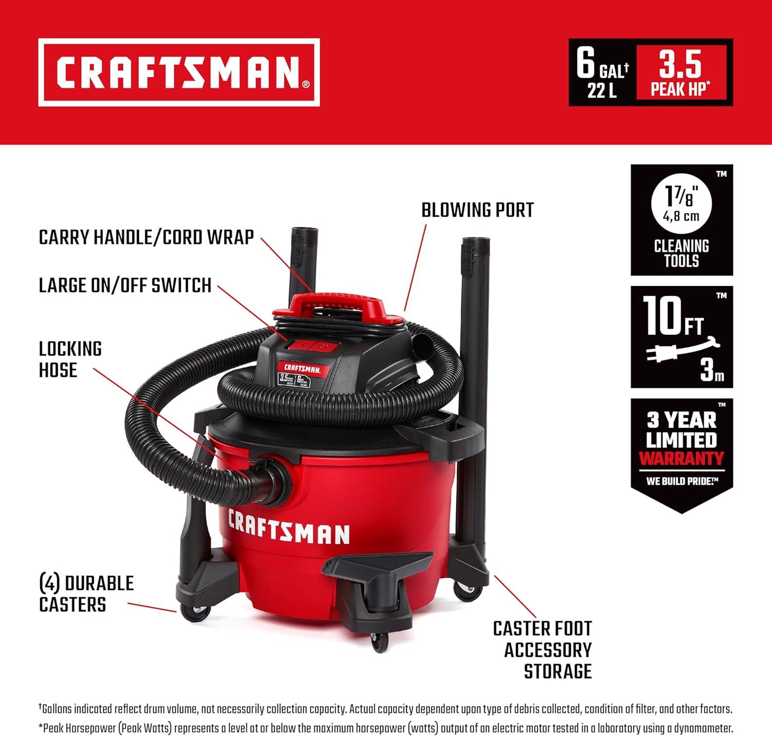 imageCRAFTSMAN CMXEVBE18690 9 Gallon 425 Peak HP Wet Dry Vac Portable Shop Vacuum Wet and Dry with Filter Dust Bag Dusting Brush Hose and Attachments for Home Garage and Automotive Cleaning6 gallon 35 Peak Hp