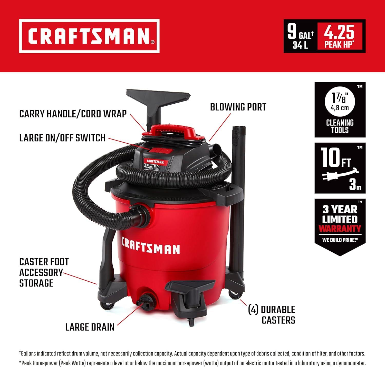 imageCRAFTSMAN CMXEVBE18690 9 Gallon 425 Peak HP Wet Dry Vac Portable Shop Vacuum Wet and Dry with Filter Dust Bag Dusting Brush Hose and Attachments for Home Garage and Automotive Cleaning9 Gal 425 Peak HP w Dust Bags