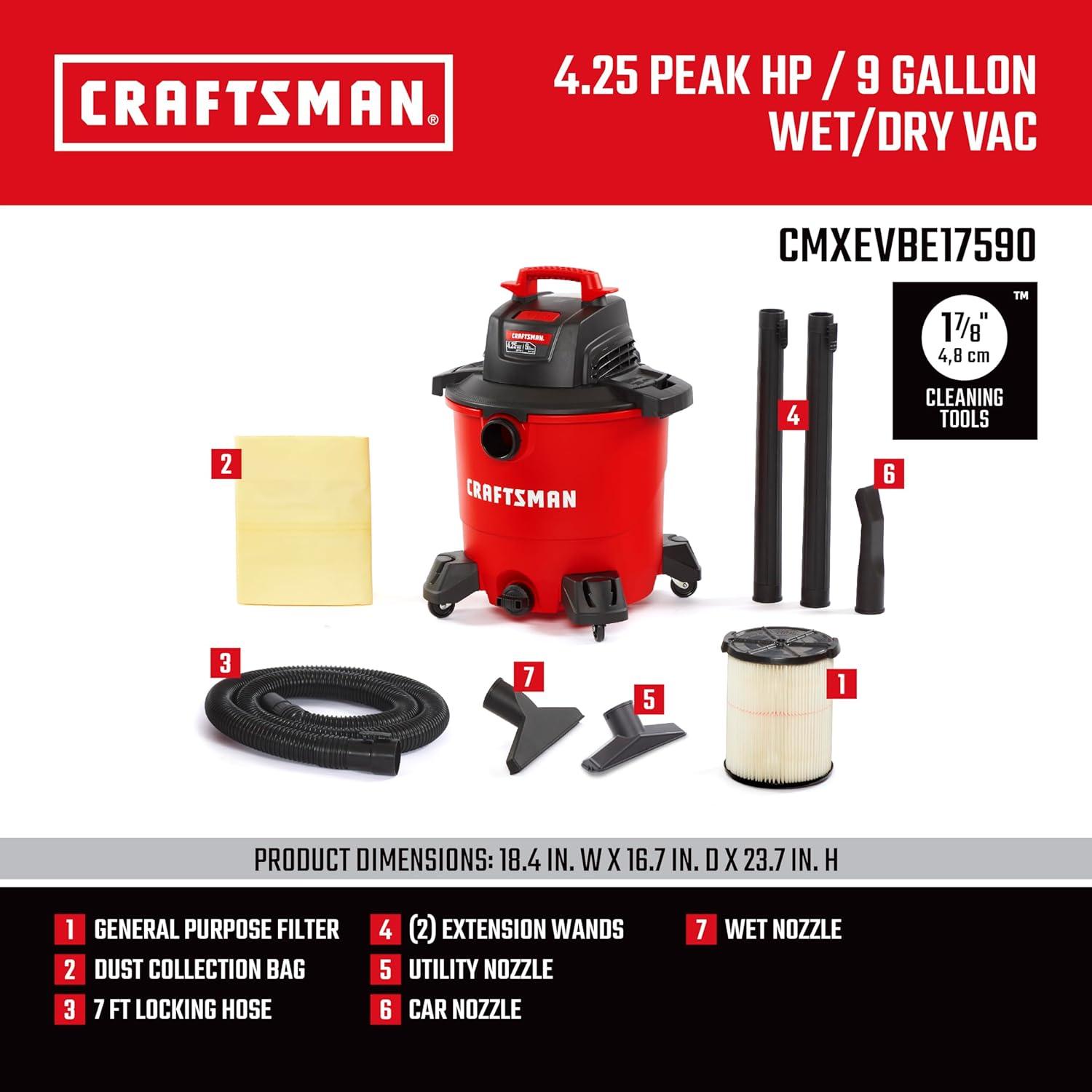 imageCRAFTSMAN CMXEVBE18690 9 Gallon 425 Peak HP Wet Dry Vac Portable Shop Vacuum Wet and Dry with Filter Dust Bag Dusting Brush Hose and Attachments for Home Garage and Automotive Cleaning9 gallon 425 Peak Hp