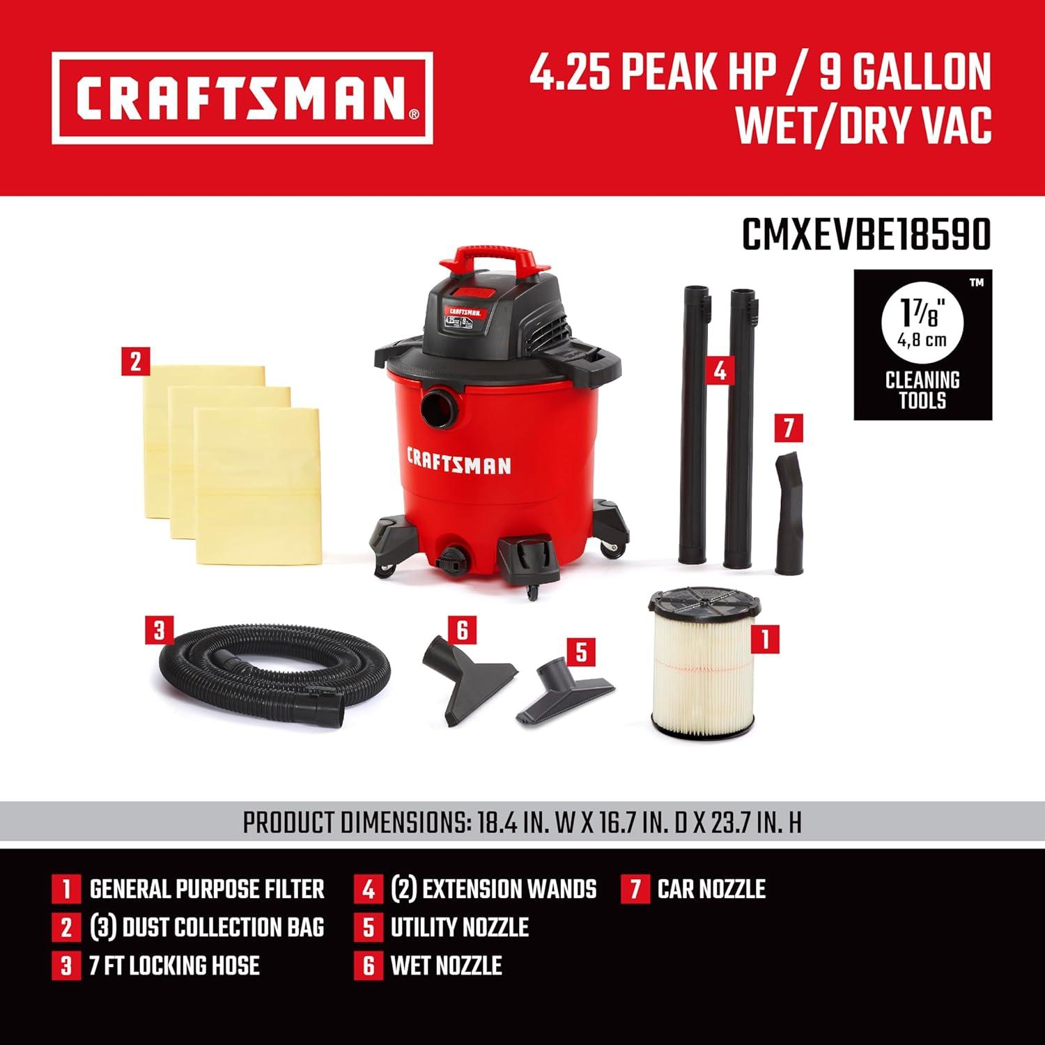 imageCRAFTSMAN CMXEVBE18690 9 Gallon 425 Peak HP Wet Dry Vac Portable Shop Vacuum Wet and Dry with Filter Dust Bag Dusting Brush Hose and Attachments for Home Garage and Automotive Cleaning9 Gal 425 Peak HP w Dust Bags