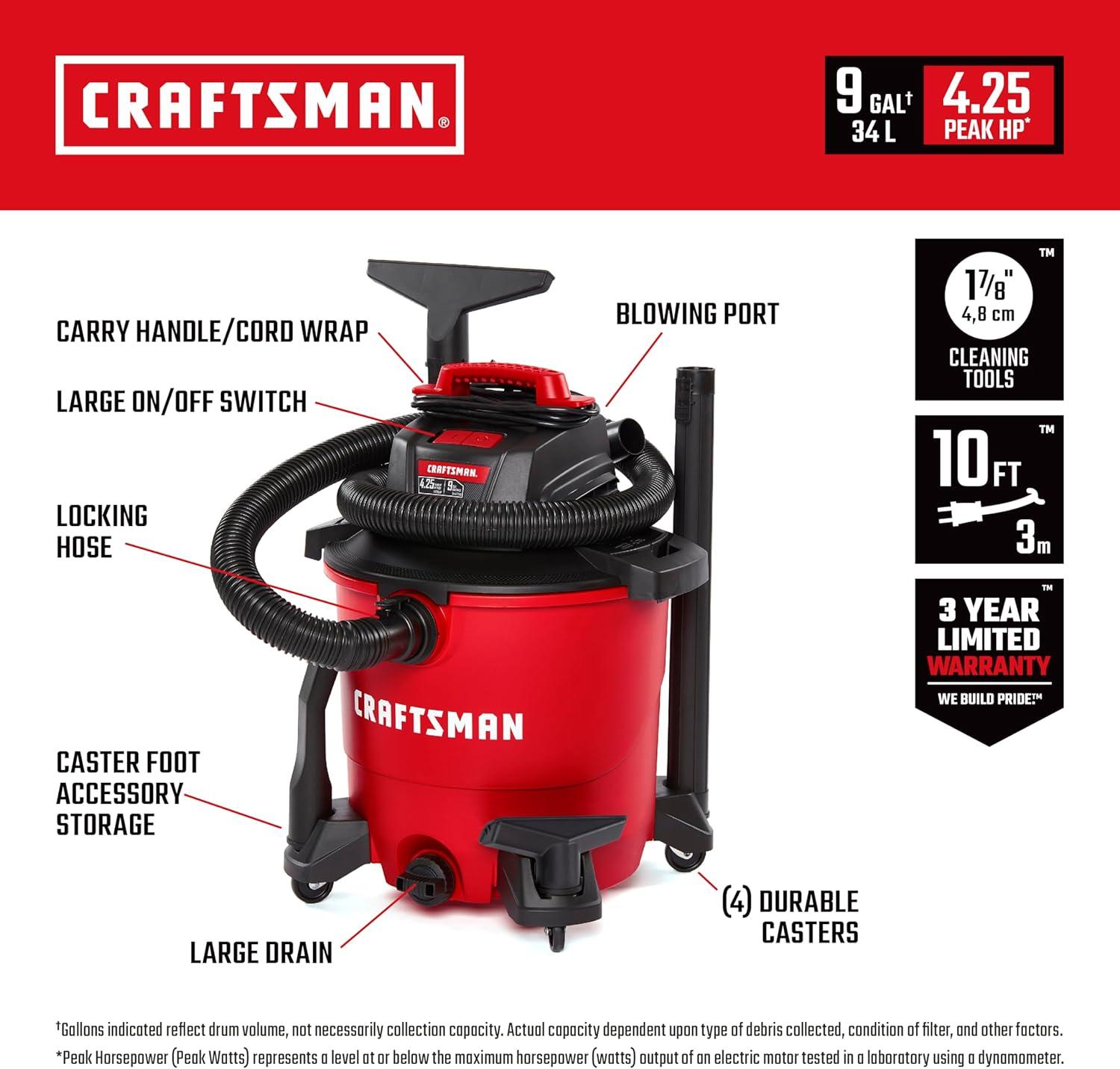 imageCRAFTSMAN CMXEVBE18690 9 Gallon 425 Peak HP Wet Dry Vac Portable Shop Vacuum Wet and Dry with Filter Dust Bag Dusting Brush Hose and Attachments for Home Garage and Automotive Cleaning9 Gal 425 Peak HP w Dusting Brush