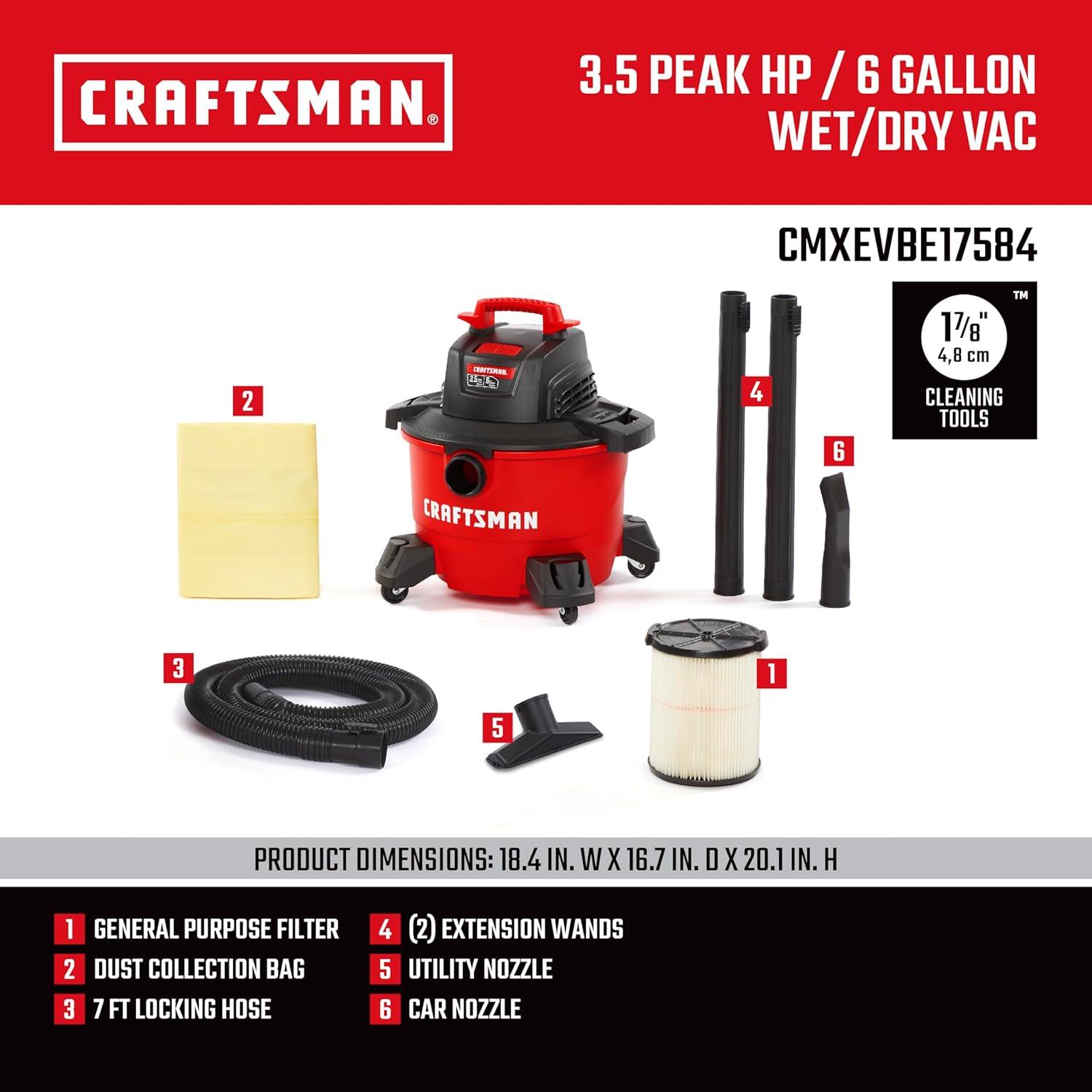 imageCRAFTSMAN CMXEVBE18690 9 Gallon 425 Peak HP Wet Dry Vac Portable Shop Vacuum Wet and Dry with Filter Dust Bag Dusting Brush Hose and Attachments for Home Garage and Automotive Cleaning6 gallon 35 Peak Hp