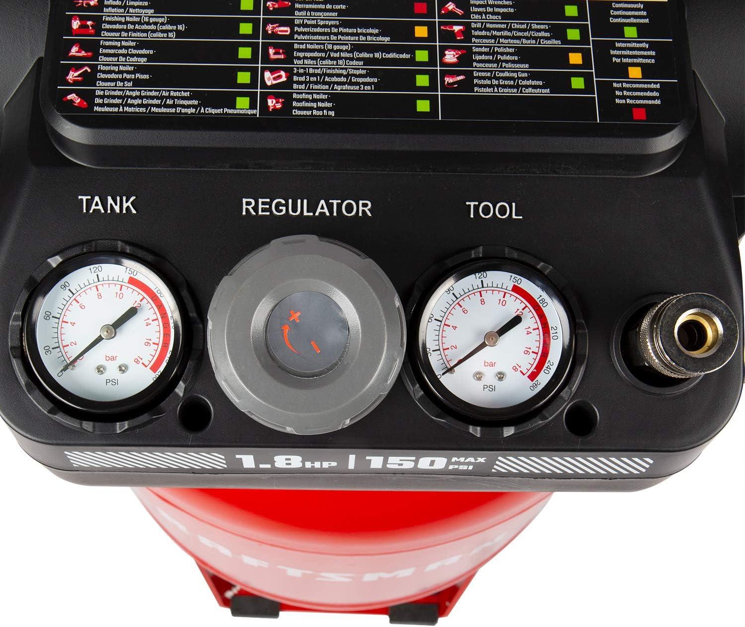 imageCraftsman Air Compressor 10 Gallon Peak 18 Horsepower Oilfree Compressor Max 150 PSI Vertical Compressor Air Tools Model CMXECXA0331042Vertical Type