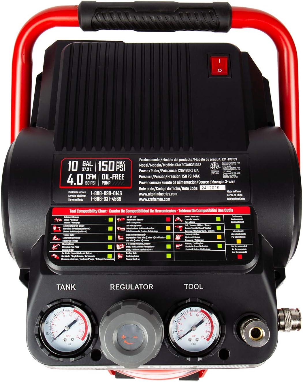imageCraftsman Air Compressor 10 Gallon Peak 18 Horsepower Oilfree Compressor Max 150 PSI Vertical Compressor Air Tools Model CMXECXA0331042Vertical Type
