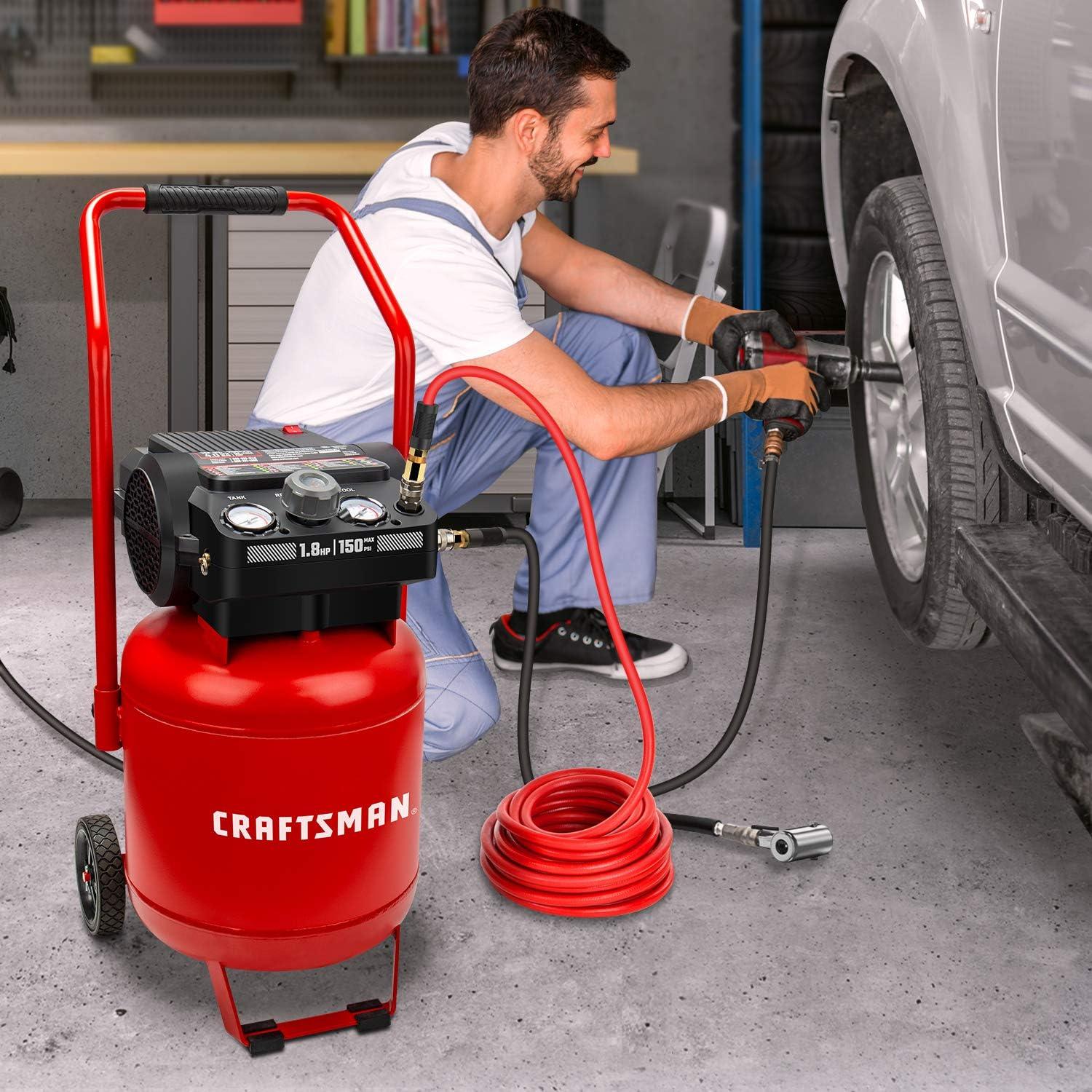 imageCraftsman Air Compressor 10 Gallon Peak 18 Horsepower Oilfree Compressor Max 150 PSI Vertical Compressor Air Tools Model CMXECXA0331042Vertical Type