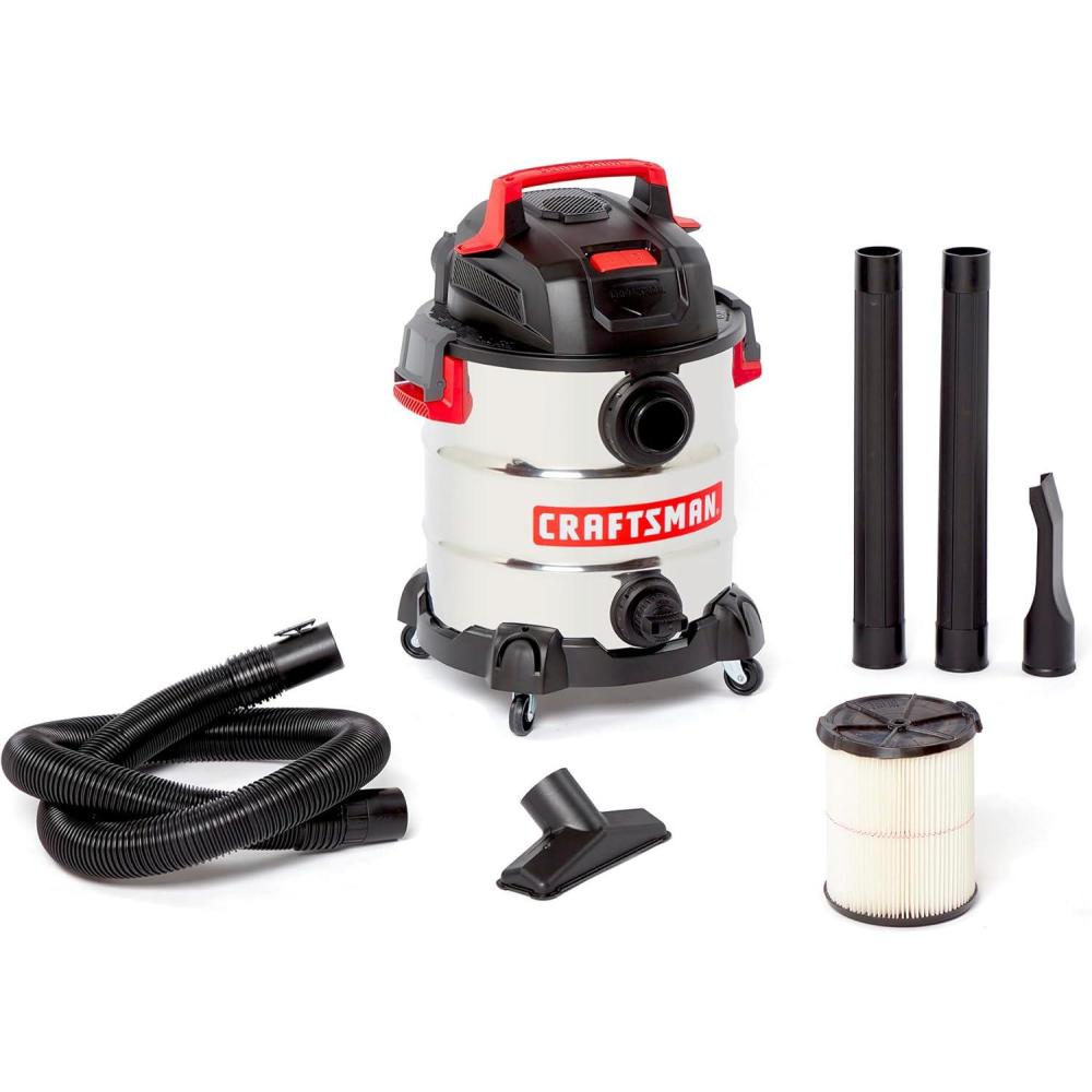 imageCRAFTSMAN CMXEVBE17155 10 Gallon 60 Peak HP Stainless Steel Wet Dry Vac Portable Shop Vacuum Wet and Dry with Filter Hose and Attachments for Home and Garage Use10 Gallon 60 Peak HP