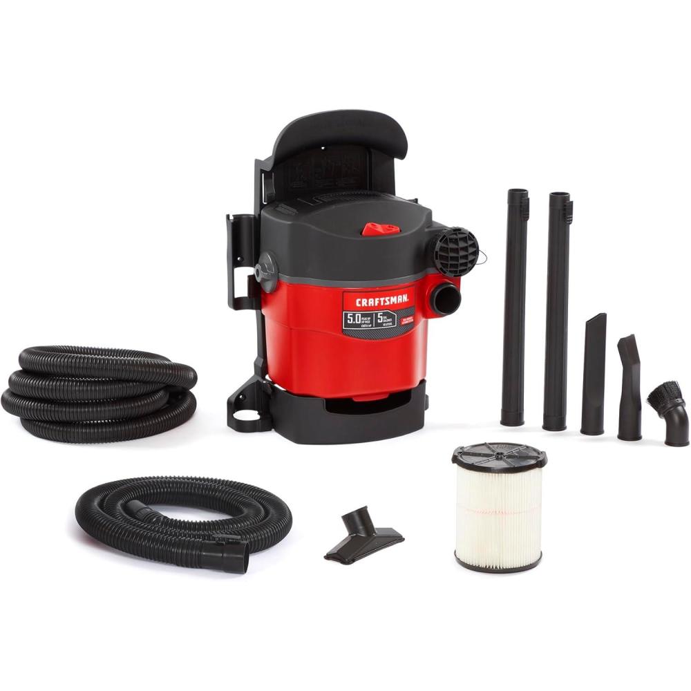 imageCRAFTSMAN CMXEVBE17925 5 Gallon 50 Peak HP Wet Dry Vac Portable and WallMountable Shop Vacuum with Filter 2 Hoses and Attachments for Garage and Automotive Cleaning5 Gallon 50 Peak HP