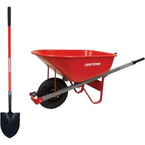 imageCRAFTSMAN CMXMKIT0110 2Piece Garden Set with Fiberglass Handle Digging Shovel ampamp 6 Cubic Feet Steel Tray Wheelbarrow Red