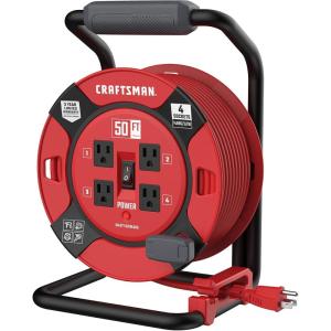 imageCRAFTSMAN Retractable Extension Cord Reel 50 Ft With 4 Outlets ampamp Heavy Duty 14AWG SJTW Cable50 ft