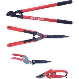 imageCRAFTSMAN 4Piece Pruning Tools Set with Bypass Pruner Bypass Lopper Wavy Blade Hedge Shears ampamp Swivel Blade Grass ShearsPruning Tools Starter Set