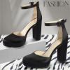 imageAnkis Black Platform Closed Toe Heels for Women Womens Heels Closed Round Toe Chunky Block Pumps Shoes 4 InchBlack Satin