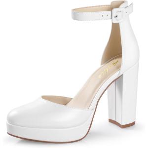 imageAnkis Black Platform Closed Toe Heels for Women Womens Heels Closed Round Toe Chunky Block Pumps Shoes 4 InchWhite Pu