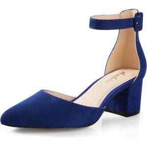 imageAnkis Closed Toe Heels for Women Black Nude Gold Silver Pointed Toe Heels Low Block Chunky Women Pumps with Ankle Strap 225 InchNavy Blue