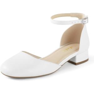 imageAnkis Closed Toe Heels for Women Black Nude White Gold Silver 1 Inch Womens Flats Low Block Heel Women Dress Shoes Womens Pumps Work Shoes with Ankle Strap for Spring FallWhite Pu