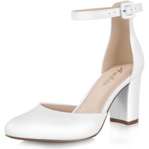 imageAnkis Closed Toe Heels for Women Black Nude White Silver Gold Womens Heels Closed Round Toe Chunky Block Pumps Shoes 3 InchWhite Pu