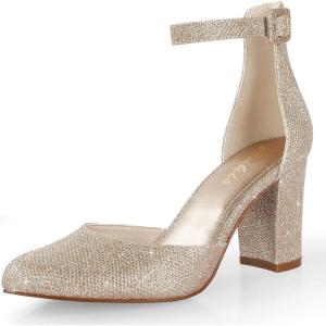 imageAnkis Gold Closed Toe Heels for Women Closed Toe Heels High Block Chunky Women Pumps with Ankle Strap 3 Inch