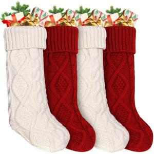 imageAnkis Large Christmas Stockings 4Pack 18 Inches Christmas Stockings DoubleSided Cable Knitted Xmas Stockings Personalized Burgundy Red and Cream for Family Christmas Party Classic DecorationsRed2white2