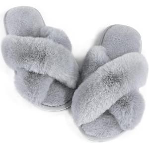 imageAnkis Women Grey Fuzzy Fluffy Slippers Soft Cozy Plush Fluffy Slippers Memory Foam Slipper Fluffy Furry Open Toe Fuzzy Slippers Bedroom Comfy Cross Band Slippers for Womens House Indoor Grey Size 56