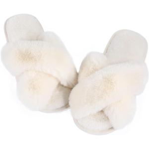 imageAnkis Womens Fuzzy Memory Foam Slippers Cross Band Cozy Plush Home Slippers Fluffy Furry Open Toe House Shoes Indoor Outdoor Slide SlipperWhite