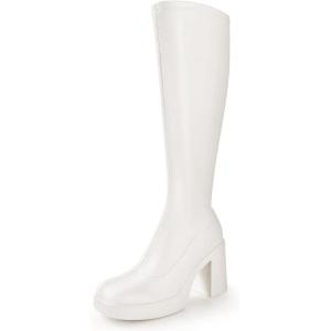 imageAnkis Knee High Boots Platform Boots for Women Chunky Heel Side Zipper Long GOGO BootsBeige Pu