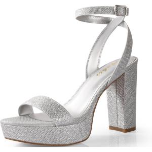 imageAnkis Platform Heels for Women 4 Inches Chunky Heels Sandals for Women Comfy Open Toe Block Heeled Sandals Nude White Silver Gold Black Ankle Strappy Heels for WomenD Silver Glitter