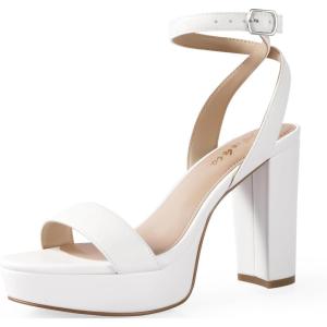 imageAnkis Platform Heels for Women 4 Inches Chunky Heels Sandals for Women Comfy Open Toe Block Heeled Sandals Nude White Silver Gold Black Ankle Strappy Heels for WomenC White Pu