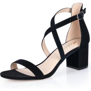imageAnkis Silver Gold Nude Black White 225Inches Strappy Block Heels Comfy Grace Sandals Open Toe Chunky Dress Wedding Party Prom Heels with Adjustable Cross StrapBlack Nubuck
