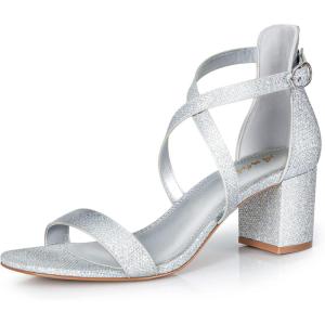imageAnkis Silver Gold Nude Black White 225Inches Strappy Block Heels Comfy Grace Sandals Open Toe Chunky Dress Wedding Party Prom Heels with Adjustable Cross StrapSilver Glitter