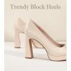 imageAnkis Platform Heels Womens Pumps Black White Nude Closed Toe Chunky Heel ShoesNude Pu