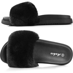 imageAnkis Black Pink Grey Camel Fur SlidesCute Chic Versatile Pretty Soft Platform Slides Open Toe Nonslip Womens House Fluffy Slippers Fuzzy Slippers for Women Indoor Outdoor All SeasonsBlack