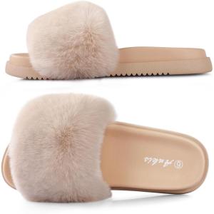 imageAnkis Black Pink Grey Camel Fur SlidesCute Chic Versatile Pretty Soft Platform Slides Open Toe Nonslip Womens House Fluffy Slippers Fuzzy Slippers for Women Indoor Outdoor All SeasonsCamel
