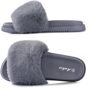 imageAnkis Black Pink Grey Camel Fur SlidesCute Chic Versatile Pretty Soft Platform Slides Open Toe Nonslip Womens House Fluffy Slippers Fuzzy Slippers for Women Indoor Outdoor All SeasonsGrey