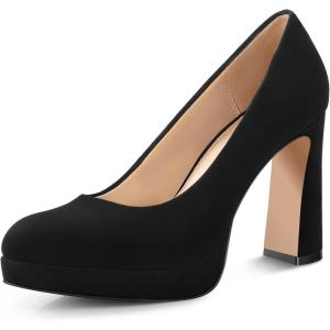 imageAnkis Platform Heels Womens Pumps Black White Nude Closed Toe Chunky Heel ShoesBlack Nubuck