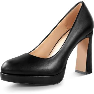 imageAnkis Platform Heels Womens Pumps Black White Nude Closed Toe Chunky Heel ShoesBlack Pu