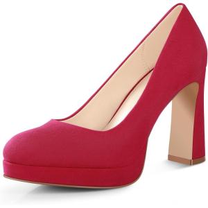 imageAnkis Platform Heels Womens Pumps Black White Nude Closed Toe Chunky Heel ShoesRed Suede