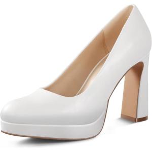 imageAnkis Platform Heels Womens Pumps Black White Nude Closed Toe Chunky Heel ShoesWhite Pu